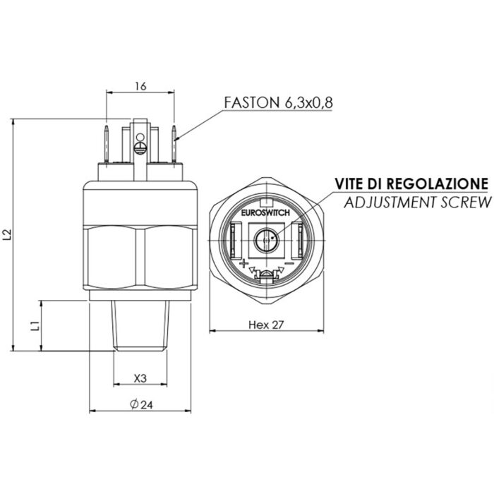 Esquema vacuostato de membrana modelo 377-377V de Euroswitch
