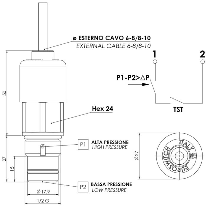 esquema interruptor de presión diferencial con termostato- Euroswitch modelo 83t