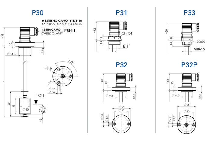 Interruptor de nivel electromagnético, modelo P3X esquema