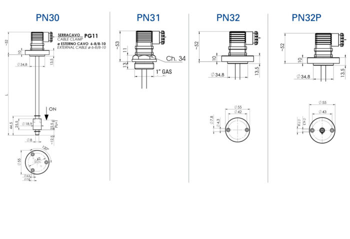 Esquema del interruptor de nivel electromagnético modelo PT Euroswitch
